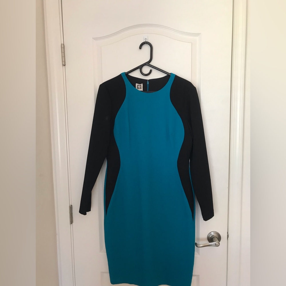Anne Klein Sheath Dress Blue Green/Black Long Sleeves Size 8